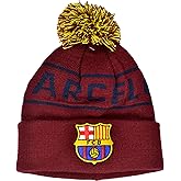 Hypro FC Barcelona Official Soccer Beanie Hat, Burgundy with Navy Text, Knitted Winter Pom Pom Cap with Team Logo
