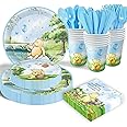 175pcs Vintage Winnie Bear Baby Shower Pooh Decorations Blue Birthday Party Supplies Tableware Set (25 Guest) With Paper Plates Cups Napkins Cutlery for Boy Newborn Birthday Party Decoration