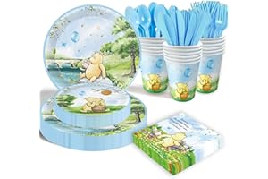 B4B3E 175pcs Vintage Winnie Bear Baby Shower Pooh Decorations Blue Birthday Party Supplies Tableware Set (25 Guest) With Paper Plates Cups Napkins Cutlery for Boy Newborn Birthday Party Decoration
