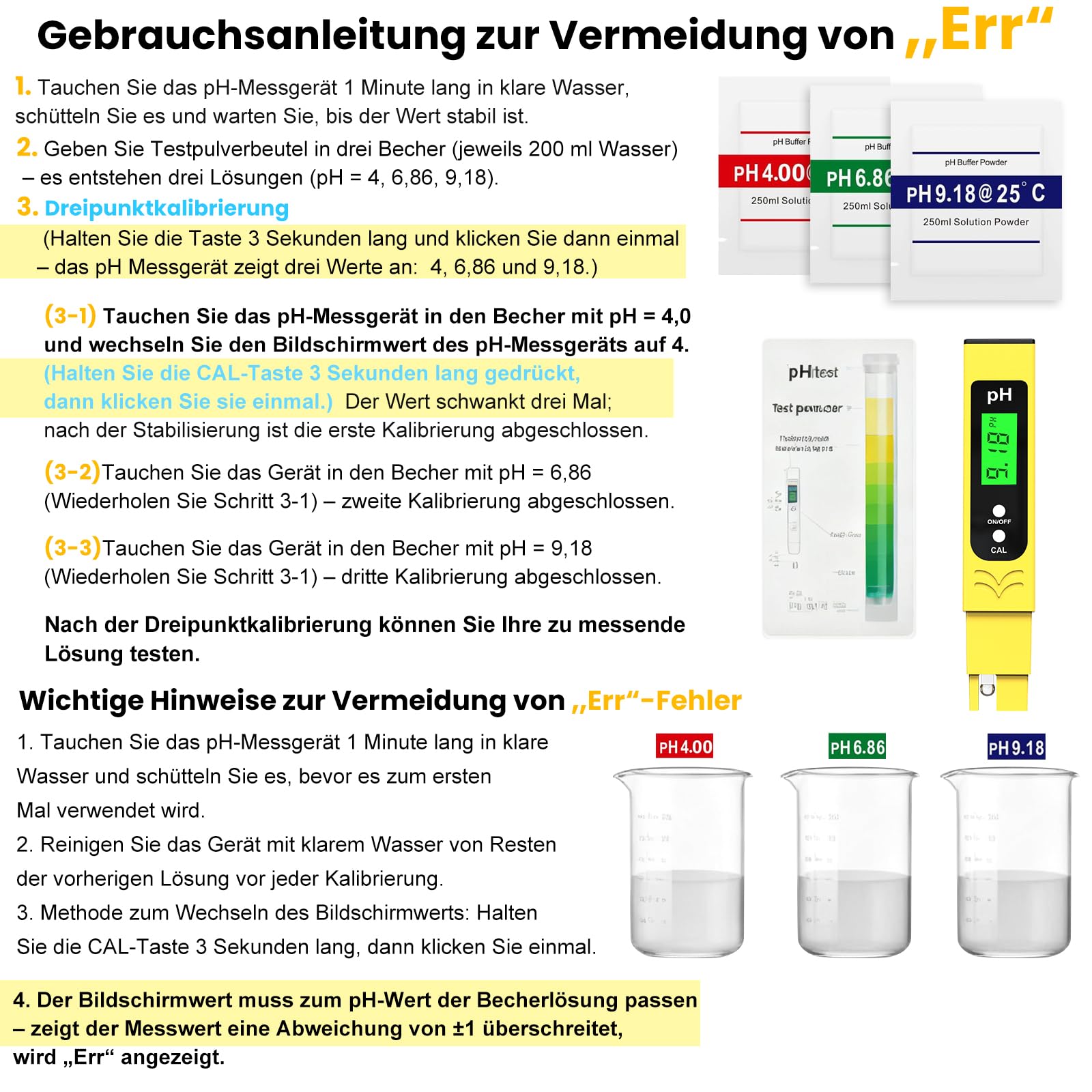 Keero pH Messgerät Hochpräzision (± 0.01), Water Tester, pH Wert Messgerät Pool mit Blau Hinterleuchtetem LCD-Display & Automatischer Temperaturkompensation,für Trinkwasser/Poolwasseranalyse-Gelb 8