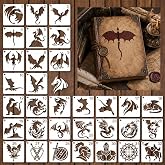 32 Mini Dragon Stencils for Fantasy Cards, Journals, Tags, Small Signs | 3 Inch Creature Silhouette PET Templates for Scrapbooks, Party Favors, and Mini Wood Accents