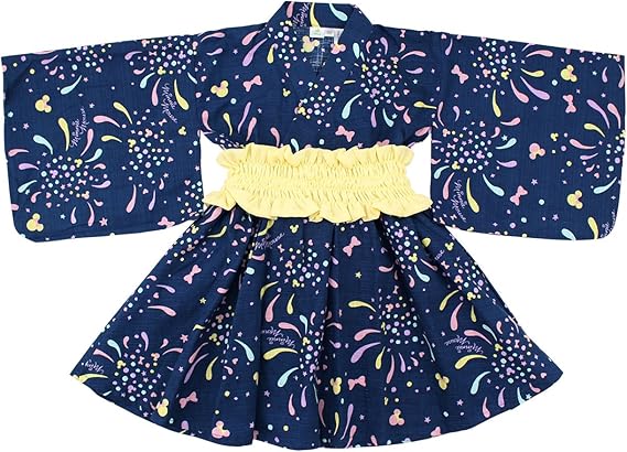 Amazon ミニー 浴衣ドレス 女の子 花火柄 綿100 作り帯 100cm ネイビー 着物 浴衣 通販