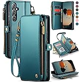 Defencase Compatible with Galaxy A16 5G Case Wallet with RFID Blocking Card Holder for Women Men, PU Leather Magnetic Snap Flip Zipper Strap Wallet Phone Case for Samsung Galaxy A16/ 5G, Blue Green