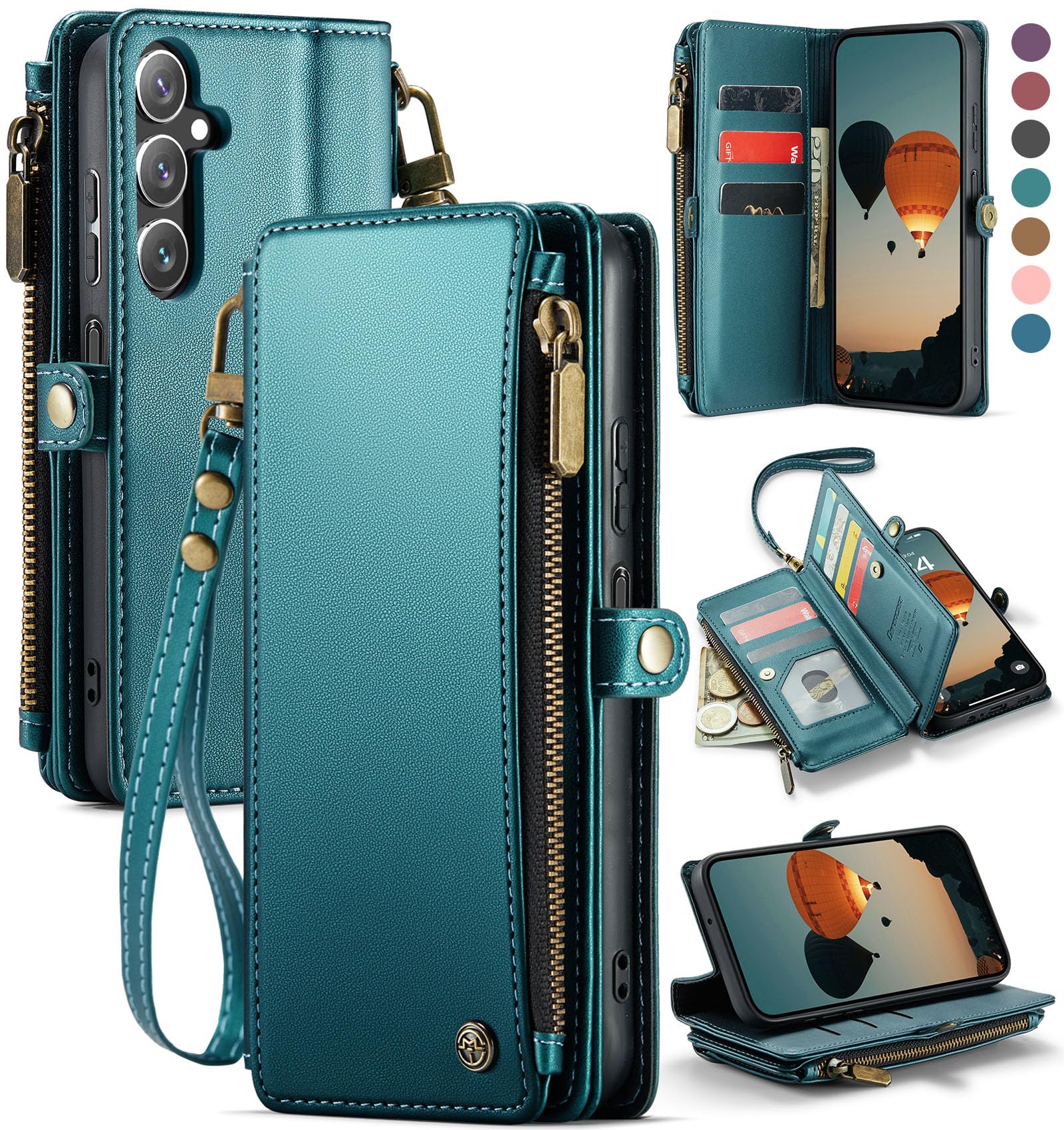 Defencase Compatible with Galaxy A15 5G Case Wallet with RFID Blocking Card Holder for Women Men, PU Leather Magnetic Snap Flip Zipper Strap Wallet Phone Case Fit for Samsung Galaxy A15 5G, Blue Green
