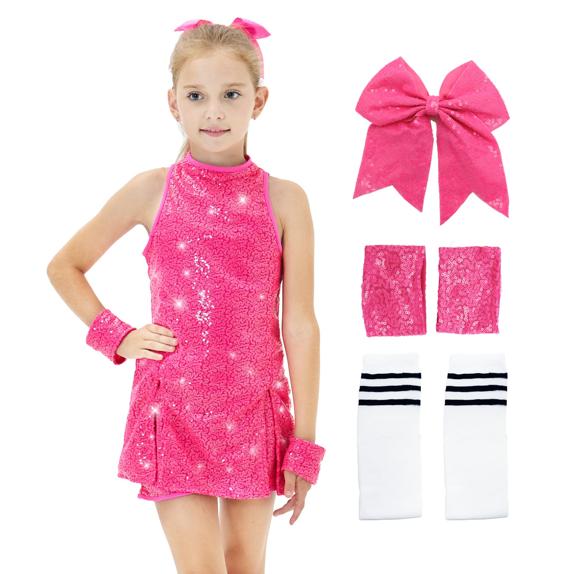 Photo 1 of Girls Sequins Dance Costumes Dress, Jazz Dance Costume Girls Hip Hop Outfits Sleeveless Sparkle Dance Dress Top & Shorts (US, Alpha, XX-Small, Regular, Rosered)