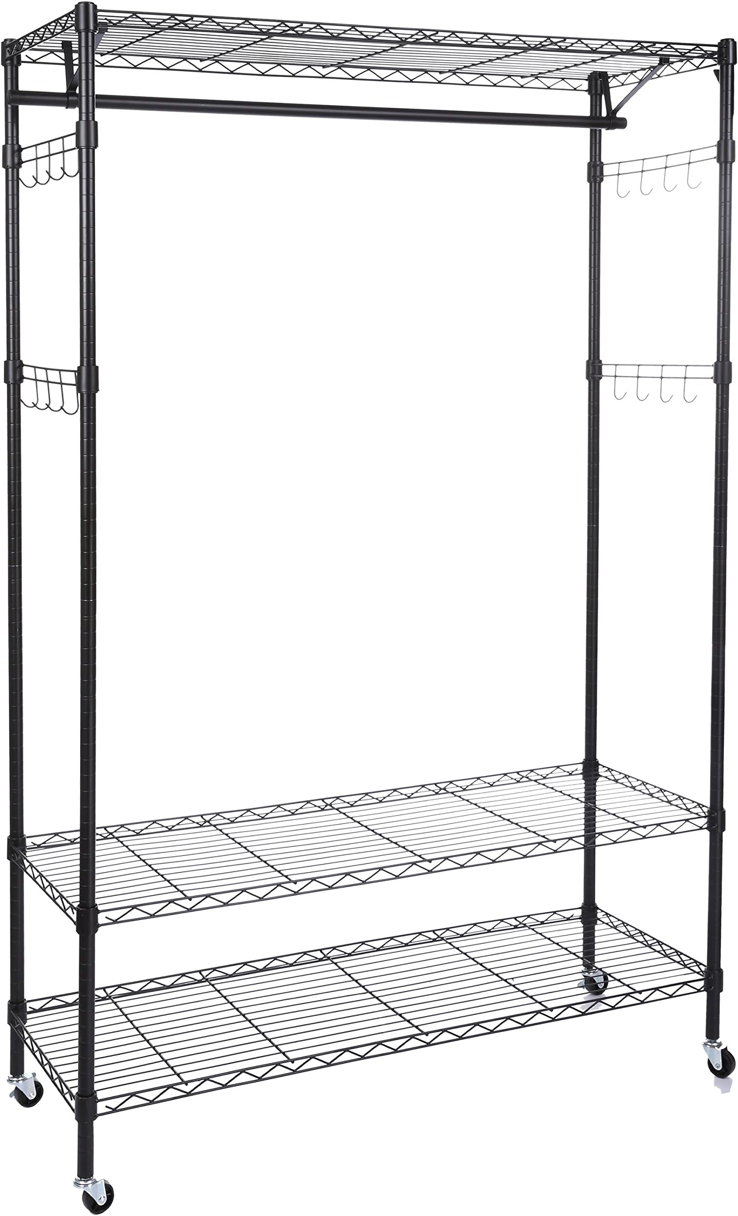 BATHWA Free Standing Closet, 3 Tiers Wire Shelving Clothing Rolling Rack, with Lockable Wheels, 4 Side Hooks and 1 Clothes Rod (Black)