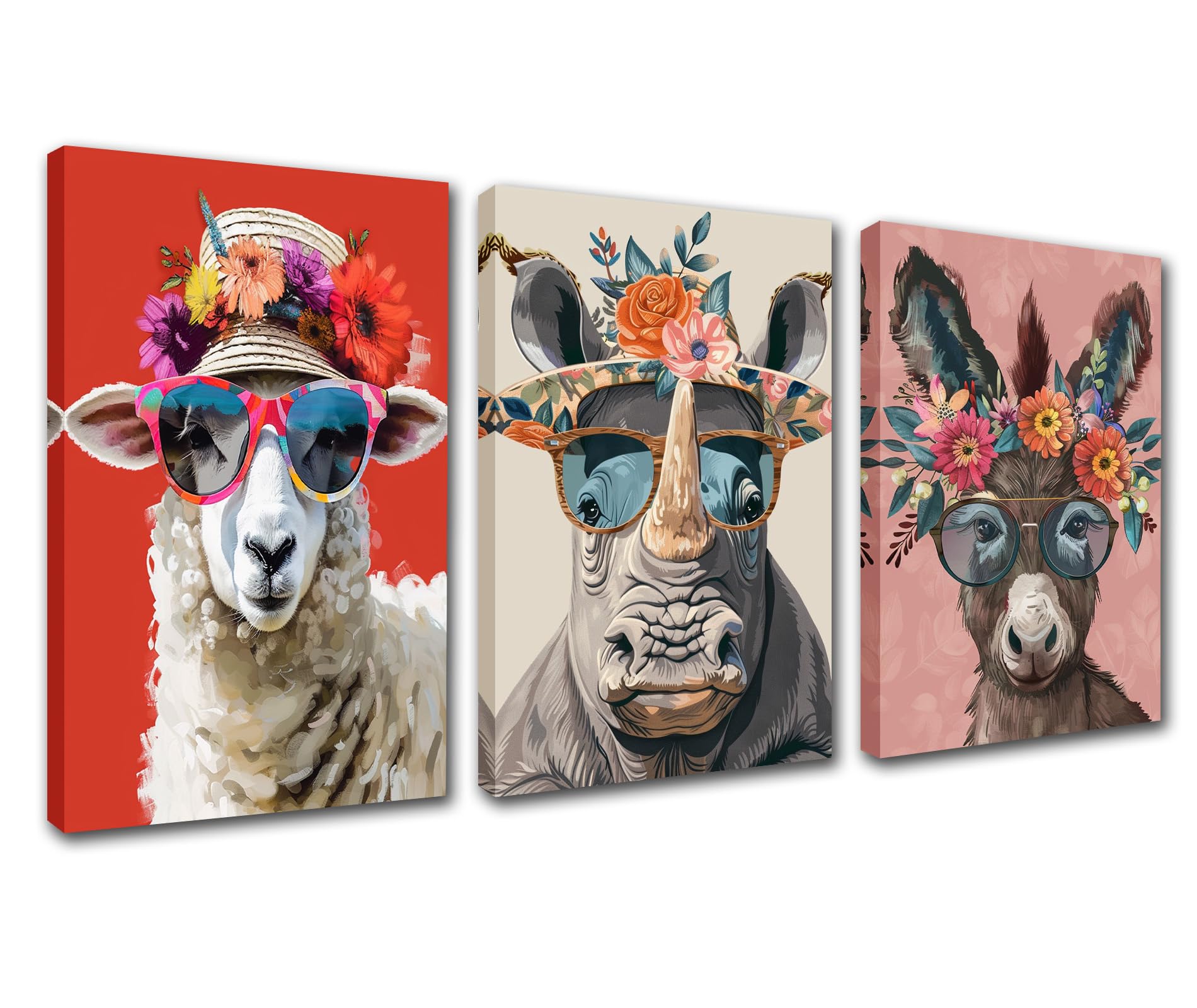 Cute Flowers Animals Canvas Wall Art for Living Room Decor 3 Pieces Rhinoceros Donkey Sheep Paintings Wall Decor Artwork Funny Wall Pictures Girls Room Decor Wooden Framed Ready to Hang 42''Wx20''H