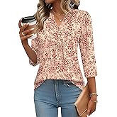 IECCP 3/4 Length Sleeve Womens Tops Dressy Casual Henley V-Neck Summer Tops Pleated T-Shirts Loose Fit Work Blouses