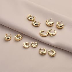 Wgoud Chunky Hoop Earrings Set 14K Gold Plated Hoop