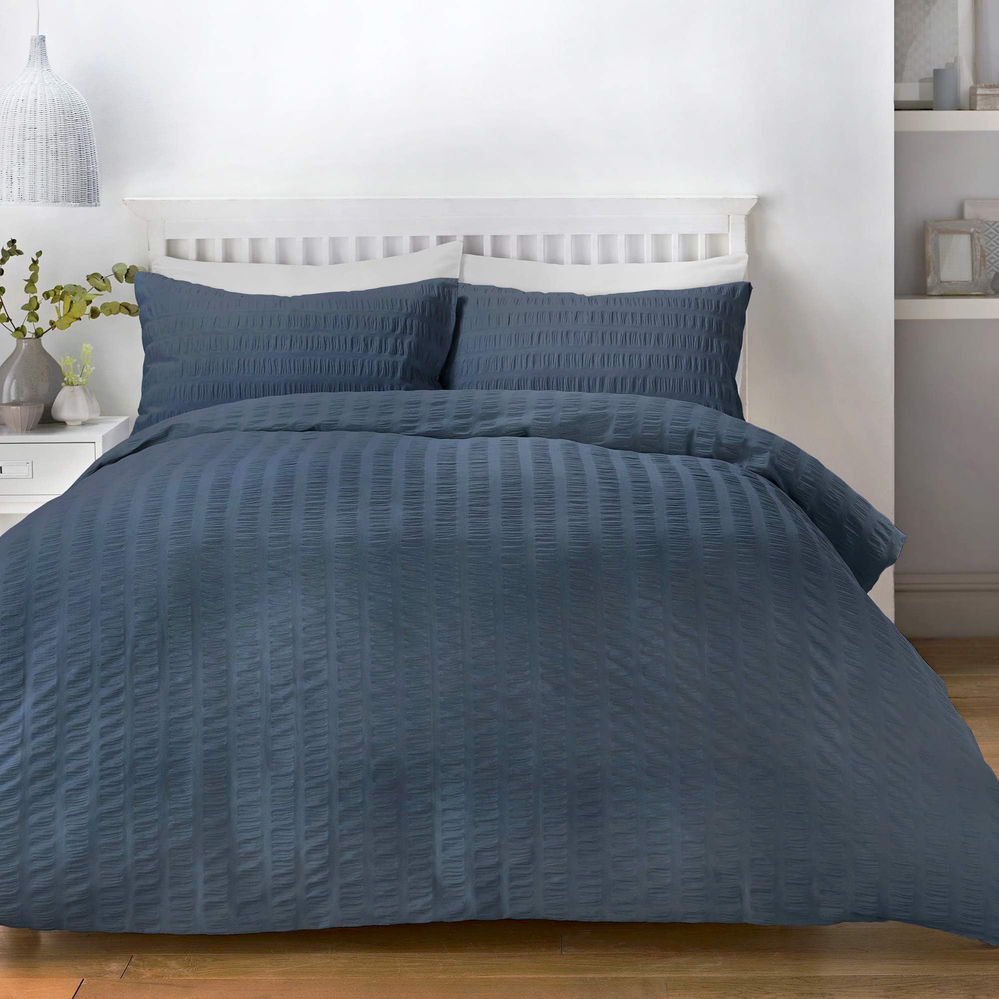 Serene Seersucker Duvet Cover Set, Denim, Double W200cm x L200cm (Duvet Cover), W50cm x L75cm (Pillow Case)
