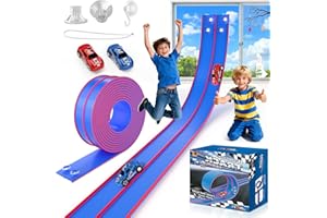 DKOXT Flexible Race Track for Kids 15 Feet of DIY Flex Track Race with 2 Cars & 3 Strong Suction Cups Car Ramp Toy Track, for