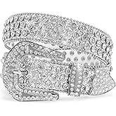 Men Women's Rhinestone Bling Studded 1.5" Leather Belts for Jeans Pants with Fashion Silver Buckle