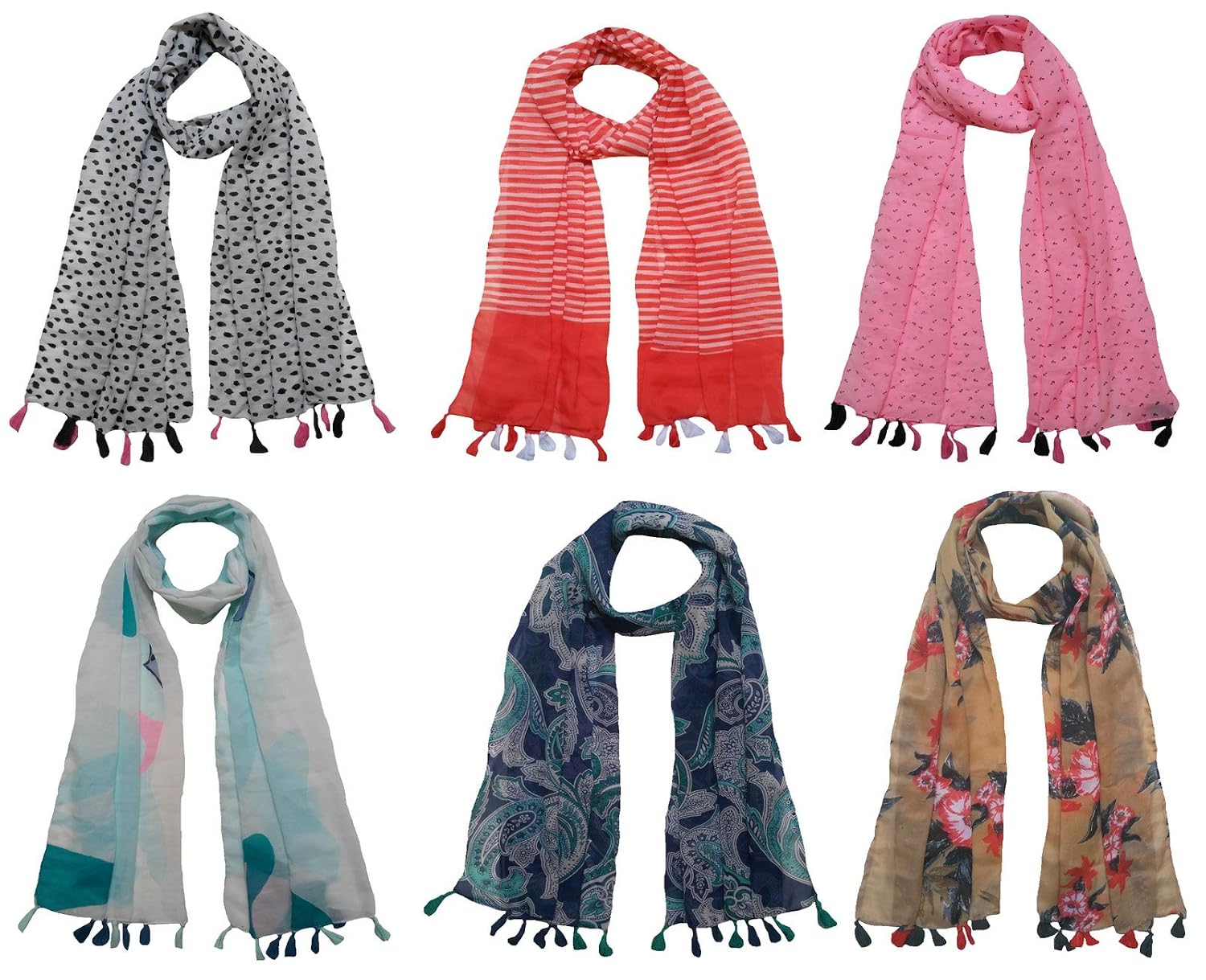 printed designer poly cotton set of 6 mullticoloured stoles ; trendy scarf stoles dupatta for girls/ladies/women (f0163)