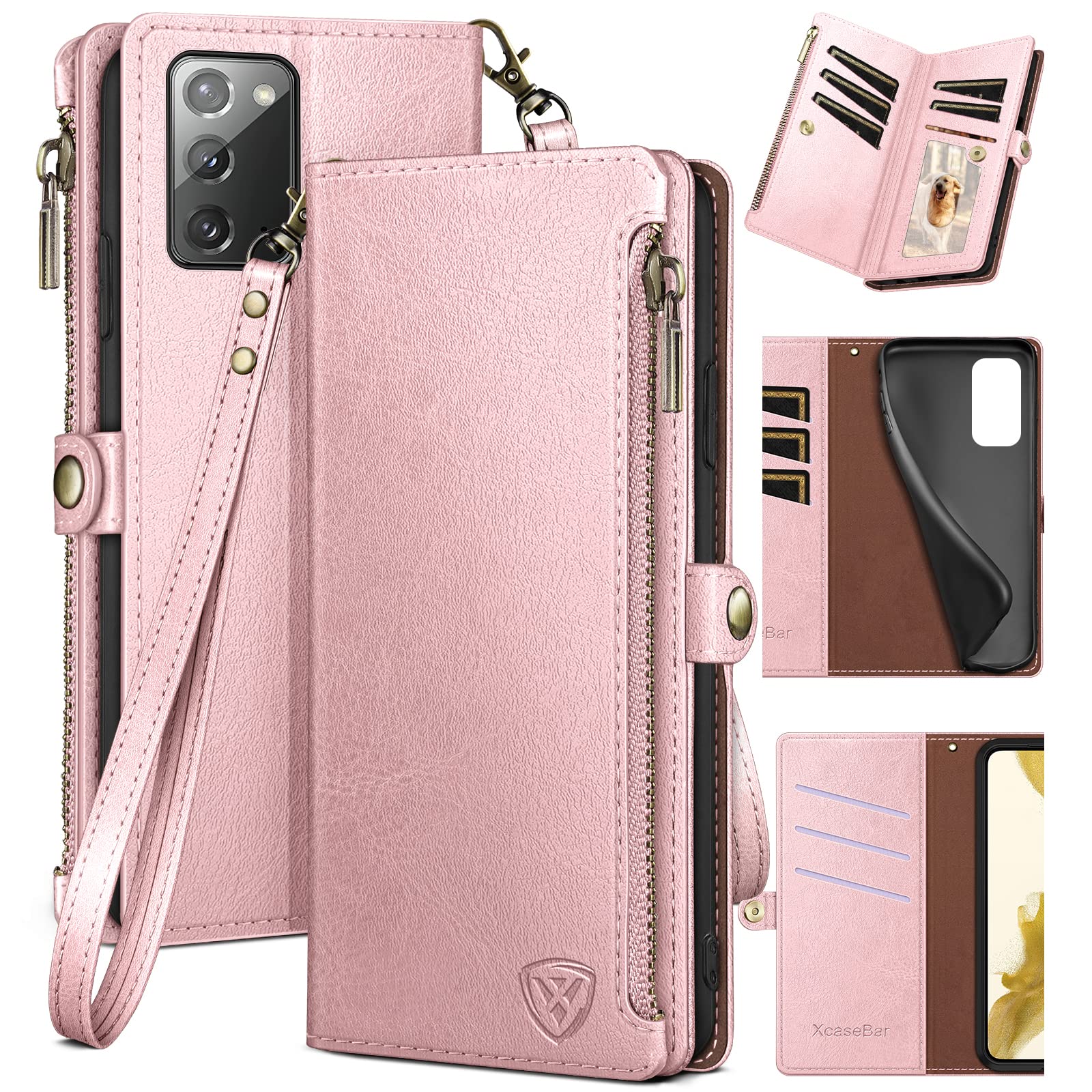 Photo 1 of XcaseBar for Samsung Galaxy Note 20 Wallet case with Zipper Credit Card Holder?RFID Blocking?, Flip Folio Book PU Leather Phone case Shockproof Cover Women Men for Samsung Note20 case Rose Gold