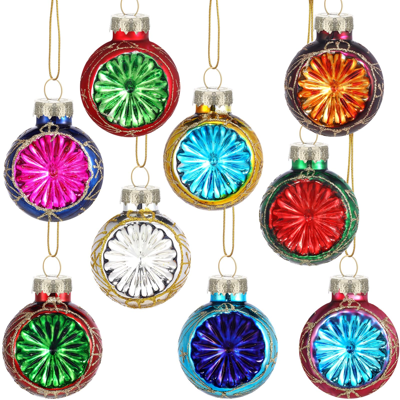 Photo 1 of Realspring 9 Pcs Glass Multicolored Ornament Christmas Tree Reflector Ornament Vintage Christmas Decorative Retro Hanging Ornaments for Xmas Holiday Party Decoration (Classic,65mm)