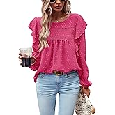 PRETTYGARDEN Women's Long Sleeve Shirts Ruffle Swiss Dot Crochet Loose Fit Tunic Dressy Casual Tops Blouses Spring Fashion