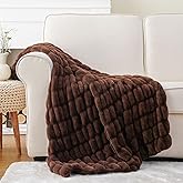 BATTILO HOME Chocolate Brown Faux Fur Throw Blanket for Couch, Double Side Reversible Ruched Rabbit Fur Blanket for Couch, Bed, Super Soft Cozy Warm Mink Blanket, 50x60 Inches