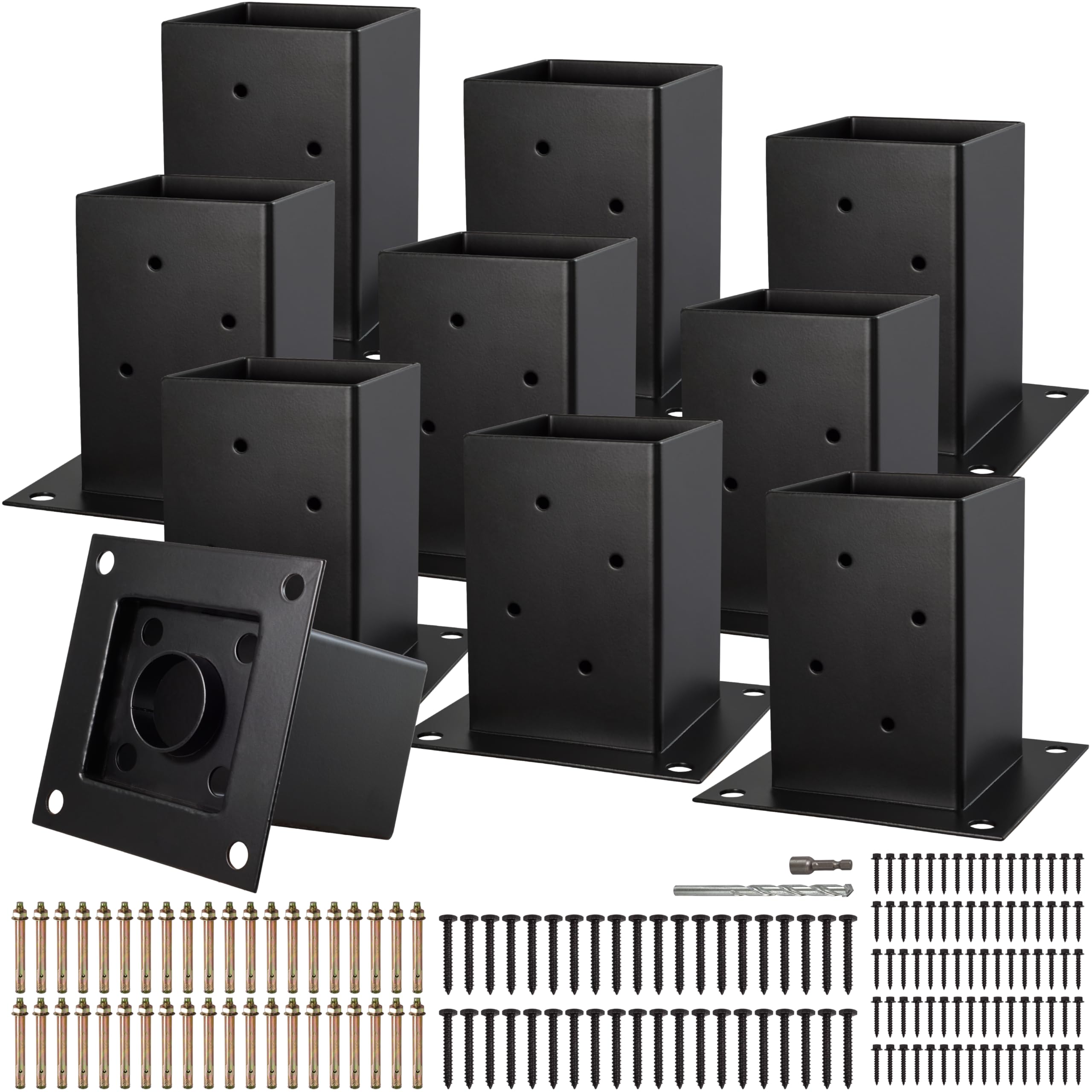 Photo 1 of (8 PCS) LADECH 4x4 Post Anchor Base with Bottom Drainage Hole, Black Powder Coated Brackets for Fence Posts, Pergola, Mailbox Post, Come with Wood Screws and Concrete Anchors