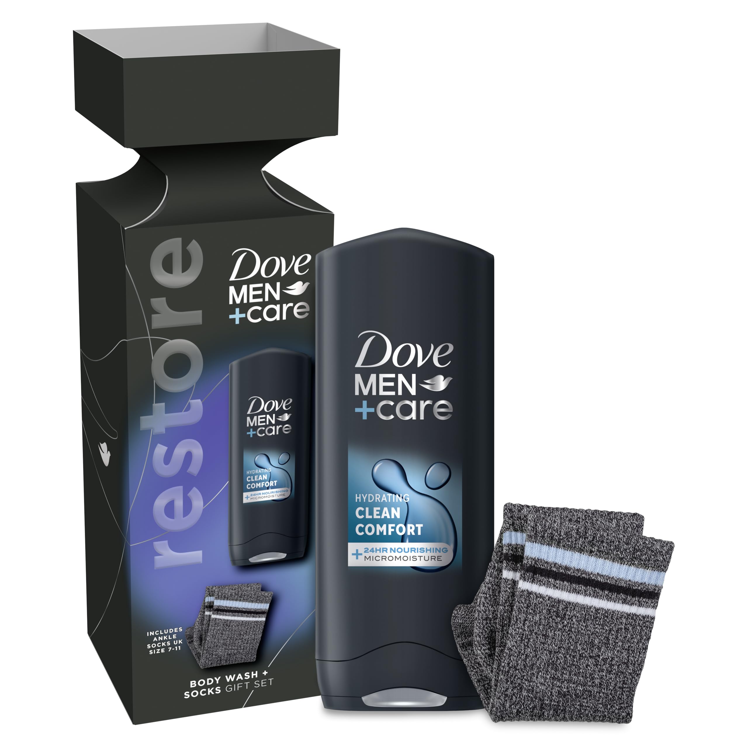 Dove Men+Care Body Wash & Socks Perfect Men's Gift Set for Him, 3-in-1 hair, face & body wash and socks in a stylish box, 1 piece