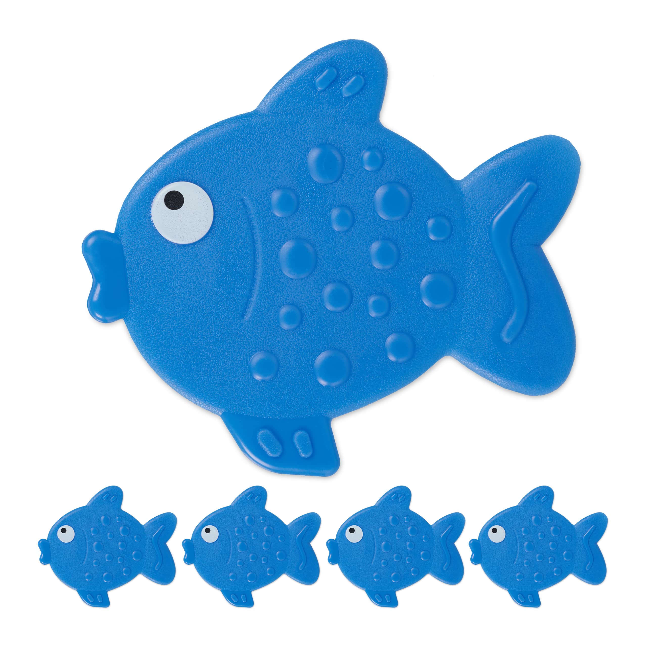 Relaxdays Set of 5 Non-slip Bath Stickers, Fish Design, Shower Pads with Suction Cups, for Kids, HxW: 12.5 x 11 cm, Blue