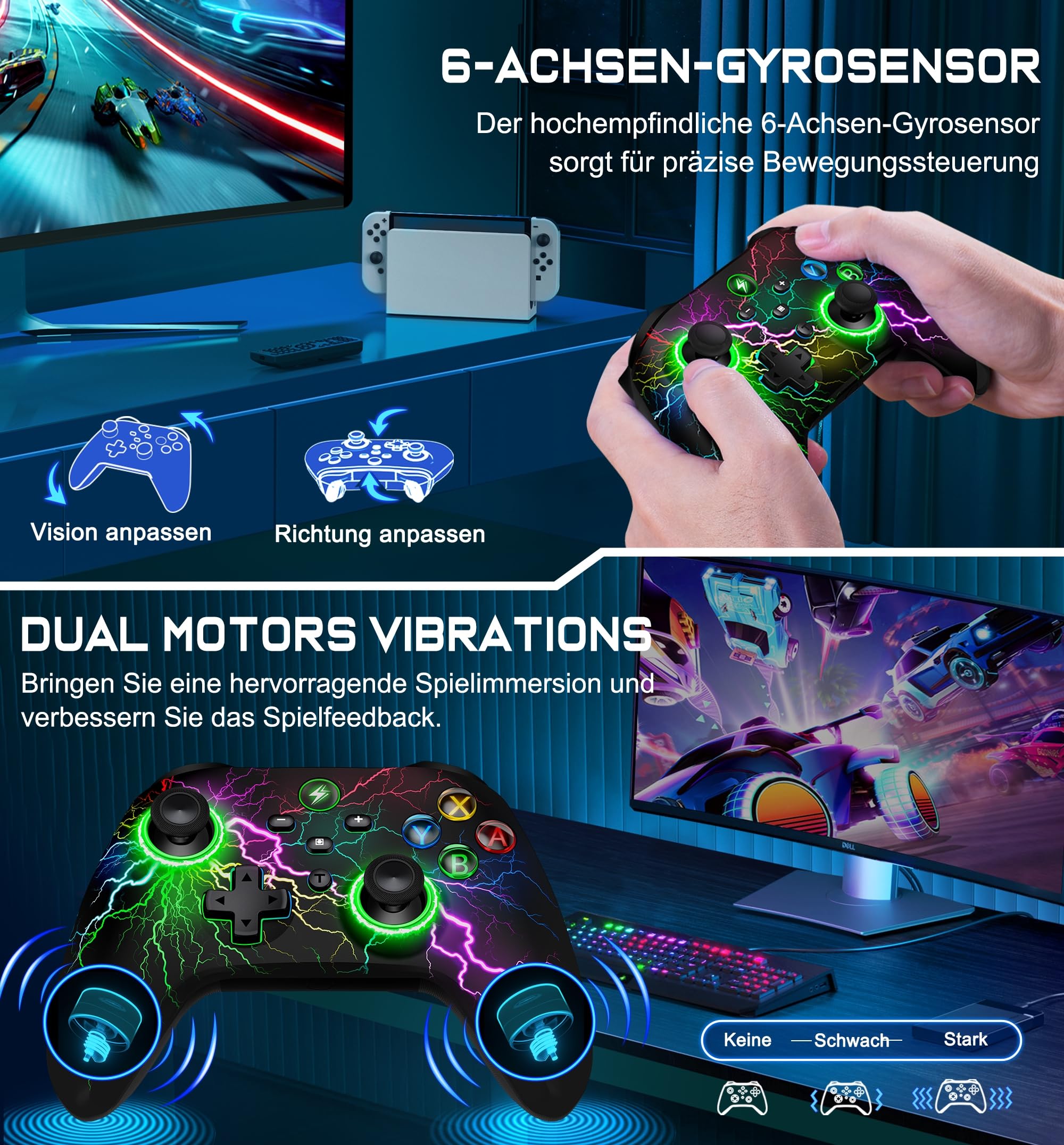 HASACOOL Switch Controller, Switch Pro Controller mit 2 Back Button Macro Programmierbar/Blinkende Lichter, 1000mAh Controller Switch für Switch/Lite/OLED, Kompatibel mit Android/IOS/PC 5