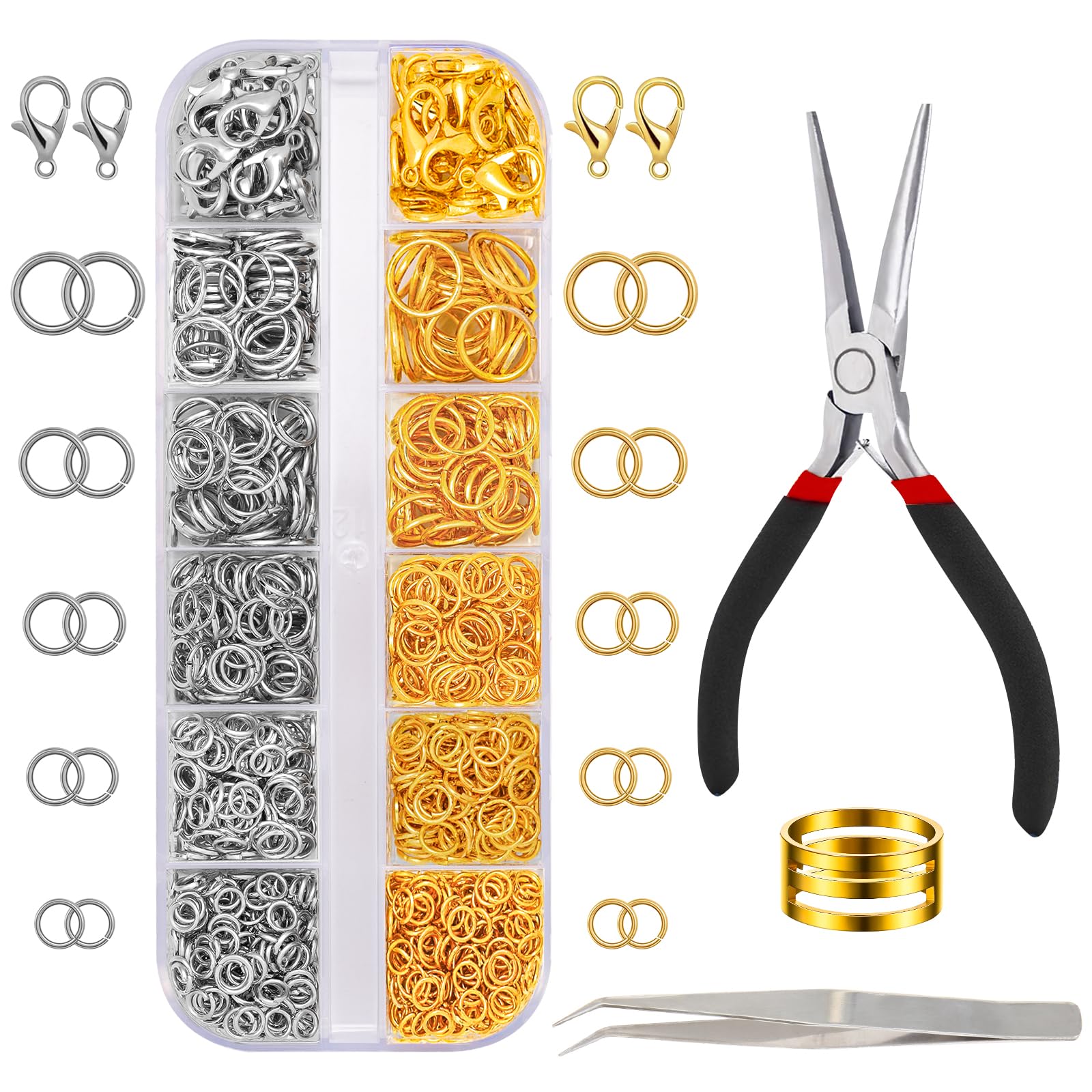 JOLCEEY Jump Rings Kit, Silver Gold Open Jump Rings with Jewellery Pliers for Jewellery Making Bracelet Earring Necklace Repair (4mm 5mm 6mm 8mm 10mm)