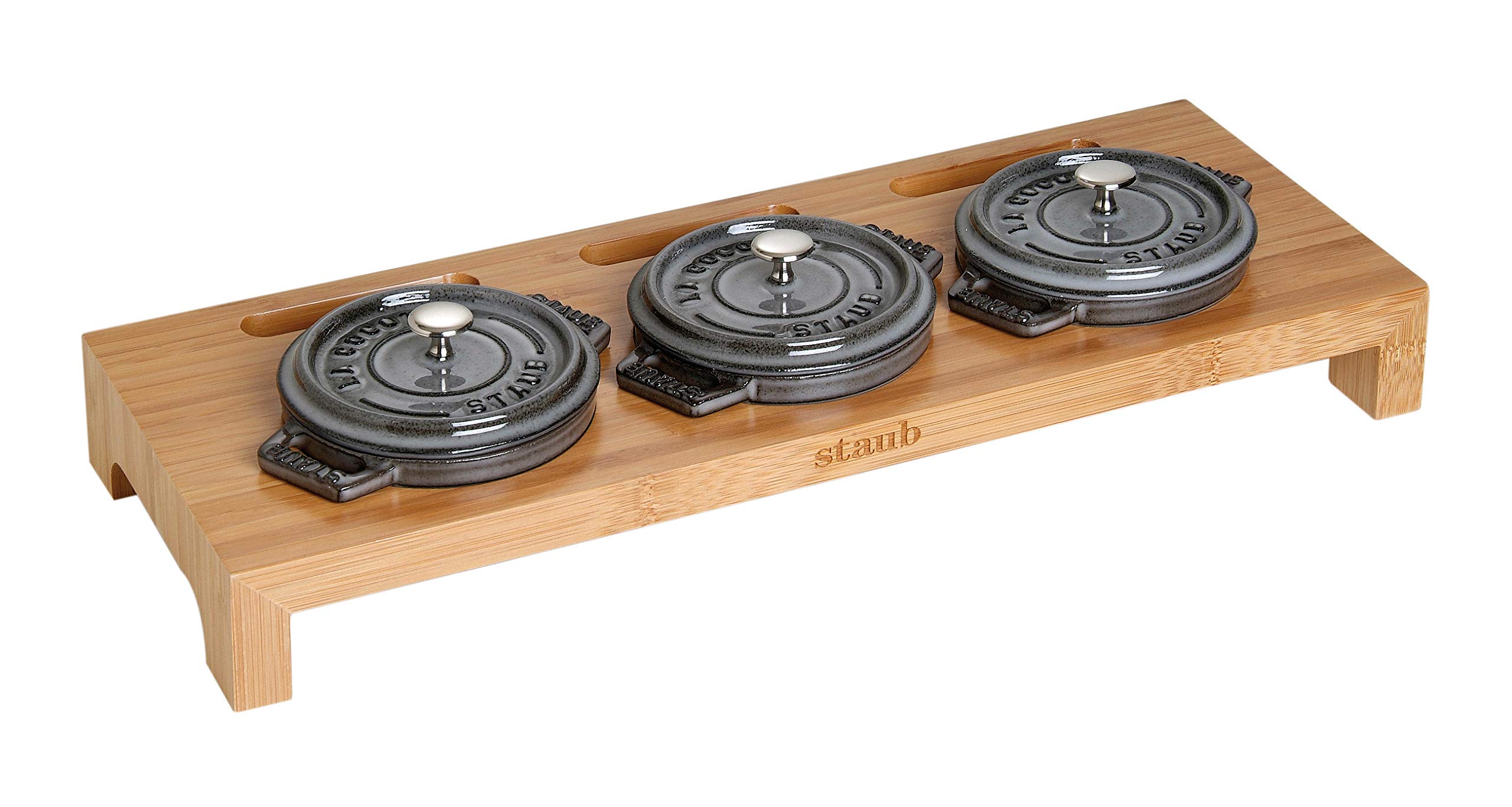 STAUB 1190698 Cast Iron Casseroles Display Shelf- Bamboo,Grey,3 Mini