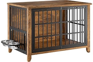 Lulive Wooden Dog Crate Furniture, Large Dog Kennel Indoor with 360°& Adjustable Raised Dog Bowls, Double Doors Furniture Dog Crates End Table for Large/Medium Dogs 37.8" L*23.6" W*27" H, Brown