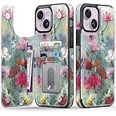 FUNMIKO for iPhone 15 Wallet Case with Card Holder, RFID-Blocking, Military-Grade Drop Protection & Floral Animal Design, Magnetic Closure with Leather Kickstand - Dreamy Flowers