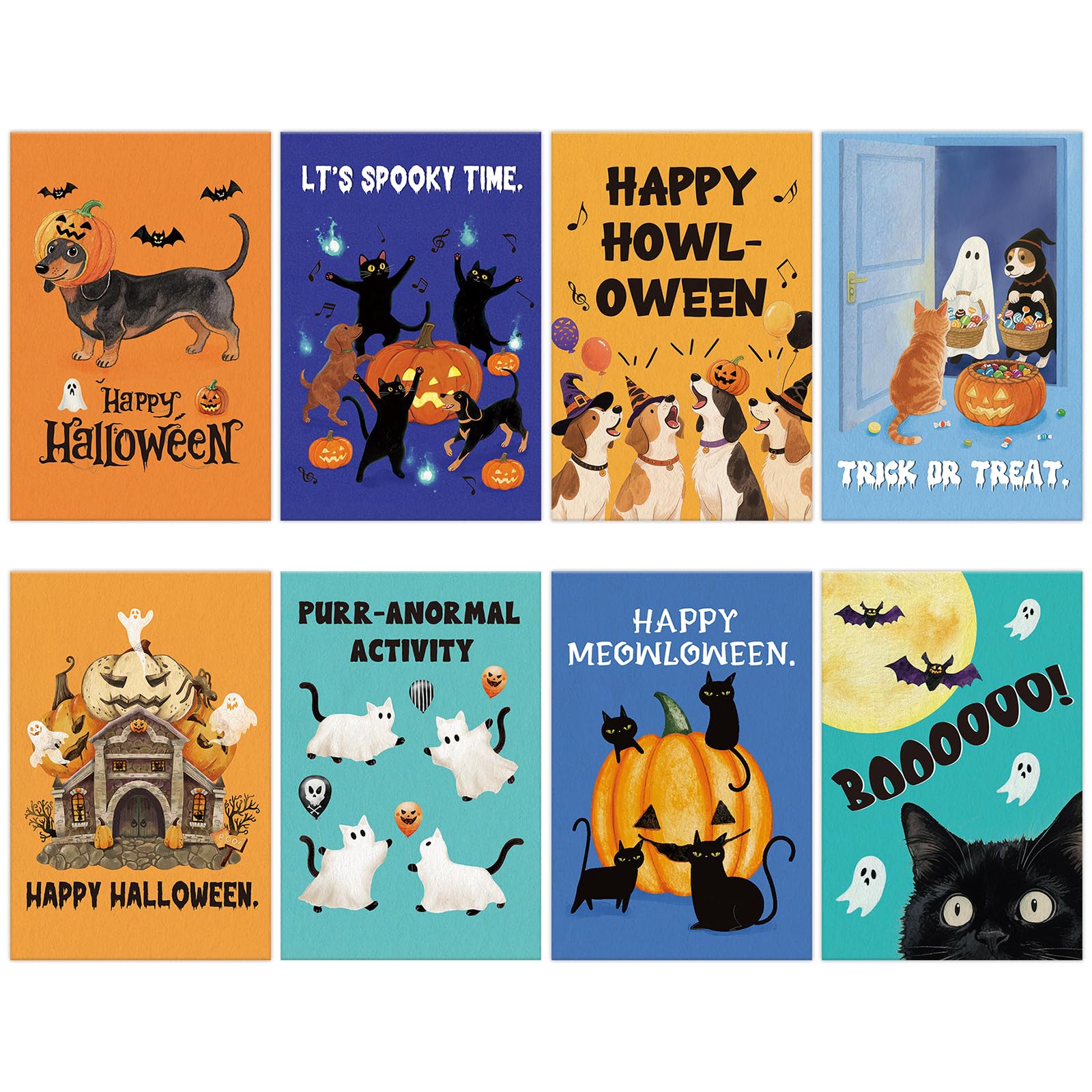 Photo 1 of 24 Pack Halloween Greeting Cards, Cute Cat & Dog Holiday Card Set with 8 Spooky Fun Designs (4x6 Inch), Perfect for Trick or Treat, Classroom Exchange, Party Favors & Festive Mailing