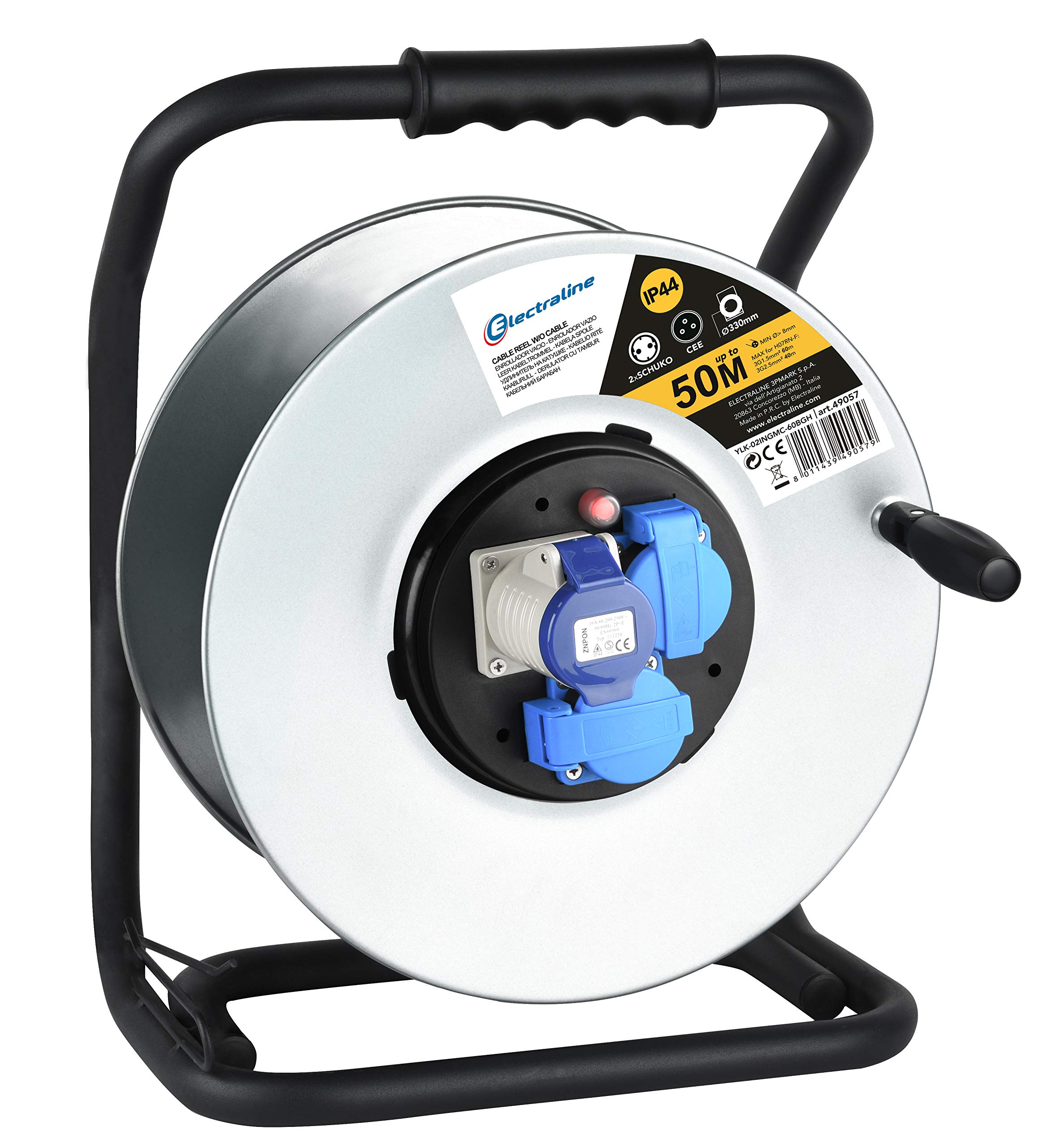 Electraline 49057 Cable Reel, Empty Reel, Professional Without Cable for Metal Construction, 2 Sockets IP44, 1 IEC Industrial Socket with Cable Guide and Ergonomic Handle, Suitable for Work Gloves