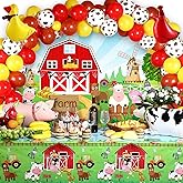 Farm Animals Theme Party Decorations Farm Barn Backdrop Banner Farmhouse Animals Decor Tablecloth Balloon Arch Garland Kit for Birthday Photography Baby Shower Party Supplies(Red)