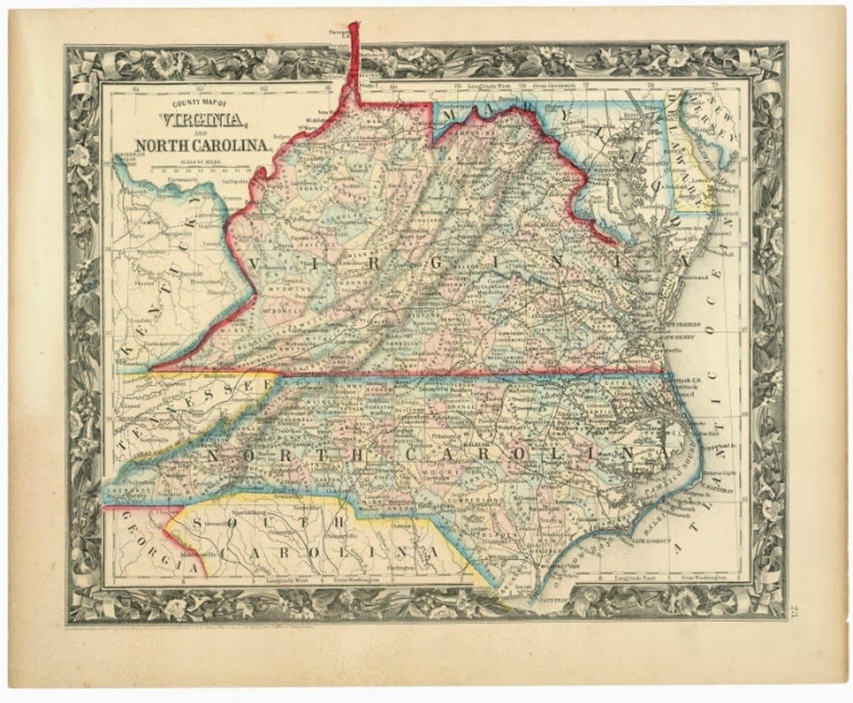 1860 map County map of Virginia, and North Carolina|Size 20x24 - Ready to Frame| Civil War|History|North Carolina|Virginia