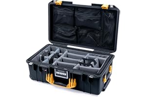 Pelican Air 1535 Carry-on Case by ColorCase - Black - Medium Size Waterproof Case with Gray Padded Microfiber Dividers & Mesh Lid Organizer - Yellow Handles & Latches