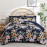 Drucon Queen Comforter Set - 7 Pieces Floral Navy Blue Soft Bedding Sets, Queen Bed in a Bag with Botanical Flowers Comforter, Sheets, Pillowcases & Shams