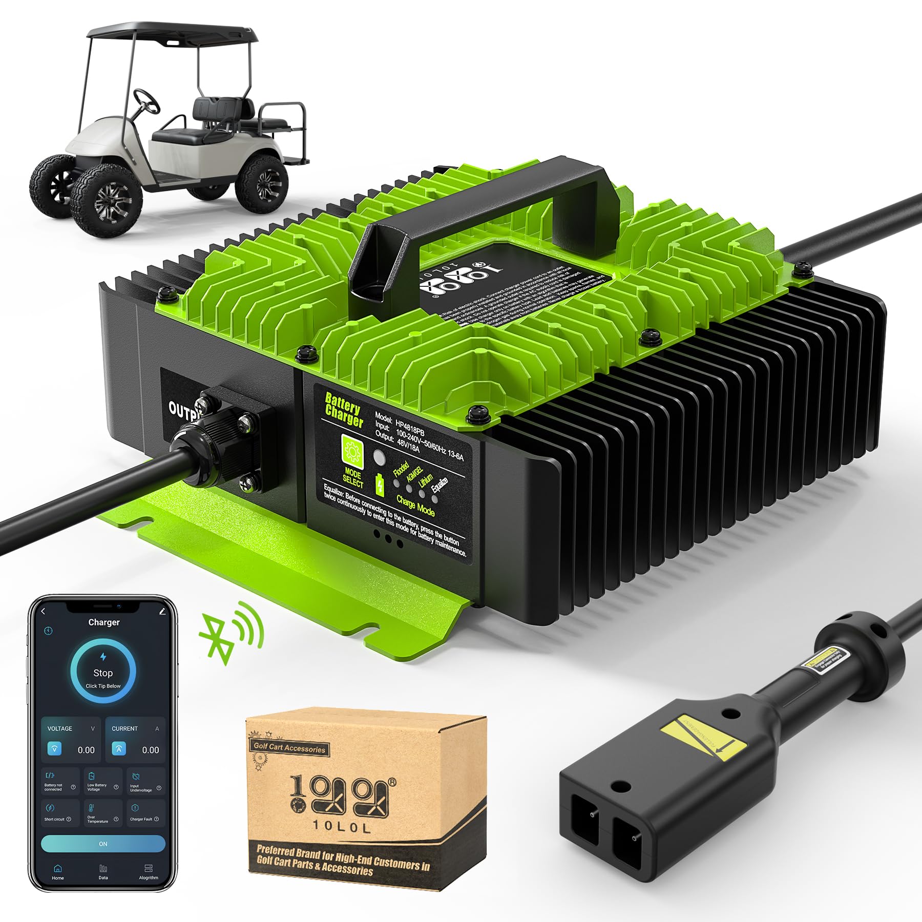 Photo 1 of 10L0L 36 Volt 18A Golf Cart Battery Charger for EZGO TXT, Fast Charging, Bluetooth APP Control, Support Lead Acid, AGM/Gel or Lithium Battery, 17.5ft Cable, D Style Plug