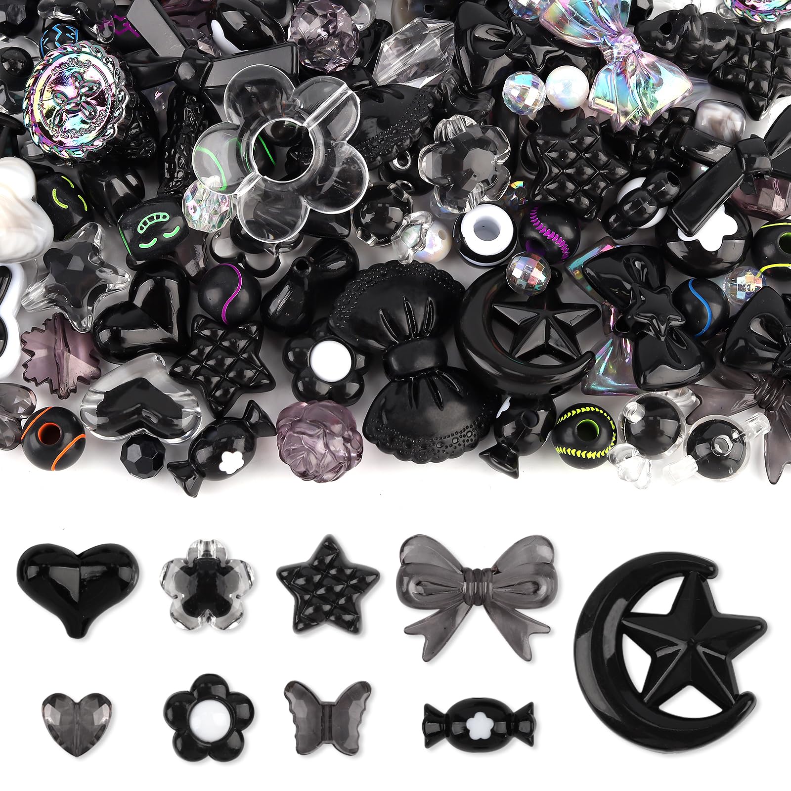 Photo 1 of 150PCS Acrylic Pastel Beads for Jewelry Making, Kalolary Colorful Bow Butterfly Flower Bead for Girl Kawaii Plastic Candy Heart Bead Cute Macaroon Aesthetic Beads for Kid Bracelet Necklace DIY (Black)