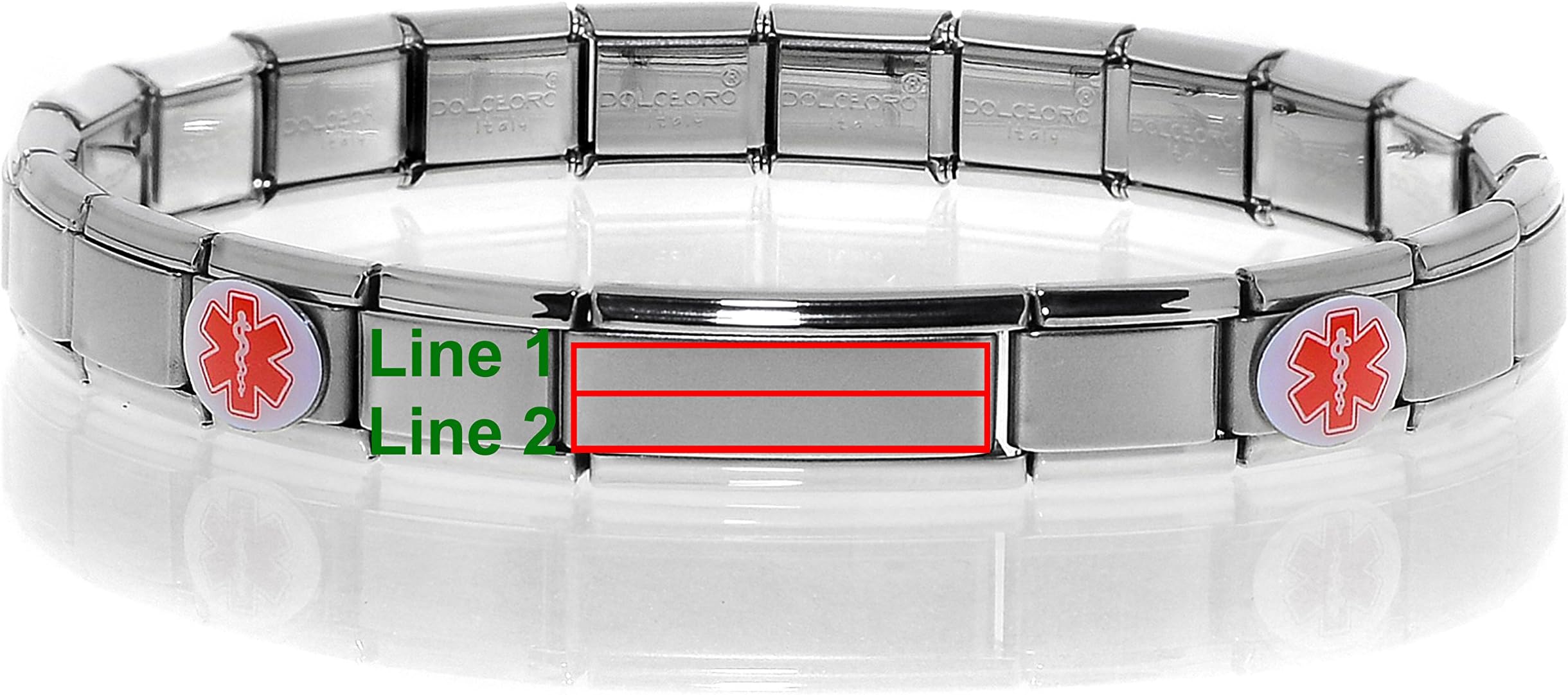 Dolceoro Medical Alert ID Bracelet - Customize Fitting and Engraving - Stretchable Modular Charm Link - Stainless Steel