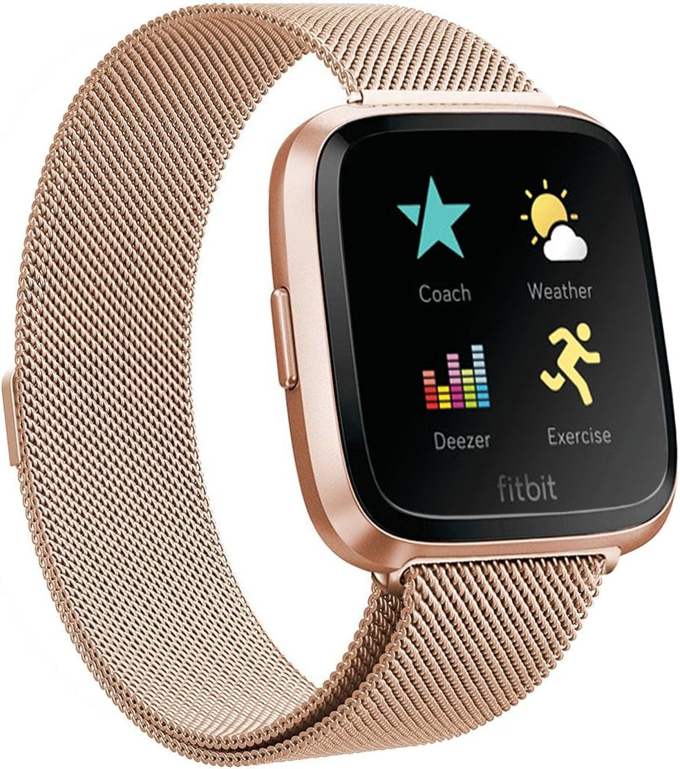 Aldeepo Milanese Loop Stainless Steel Metal Bracelet Strap with Magnetic Lock Compatible with Fitbit Versa Accessories Wristbands (Rose Gold)