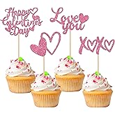 24 Pack Happy Galentine's Day Cupcake Toppers Glitter Sweet Love Heart Love You Valentine Cupcake Food Picks Happy Valentine's Day Theme Birthday Party Cake Decorations Supplies Pink