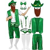 SOMSOC 9 Pcs St Patrick's Day Costume Halloween Set for Men Shamrock Vest Suspender Shorts Sequin Bow Tie Beard lrish Party
