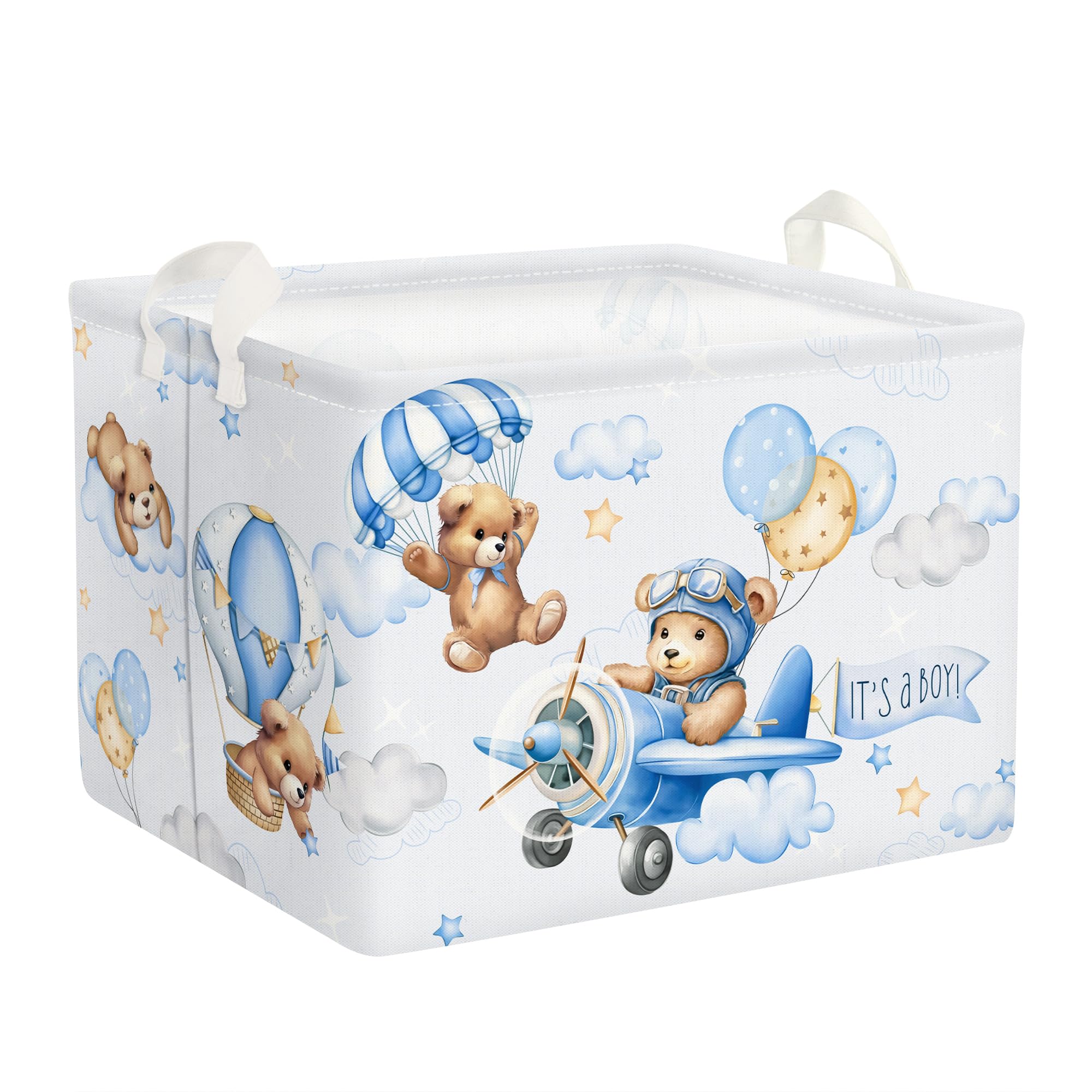 Clastyle Large Blue Bear Pilot Hot Air Balloon Shelf Basket with Handle Collapsible Rectangle Toy Clothes Cube Storage Basket for Kids Room Nursery, Bear Pilot, 40x30x30 cm