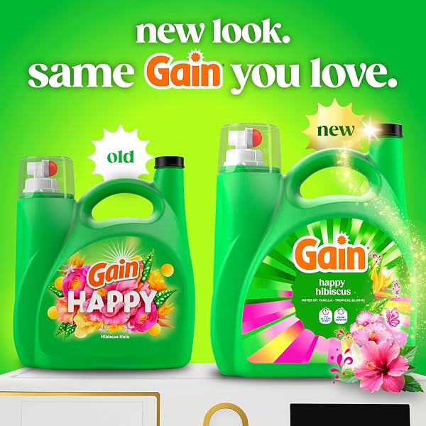 GAIN LIQUID LAUNDRY DETERGENT, WITH ODOR DEFENSE, HAPPY HIBISCUS SCENT, LAUNDRY SOAP FOR HE WASHING MACHINES, 132 FL OZ, 100 LOADS (PACKAGING MAY VARY)