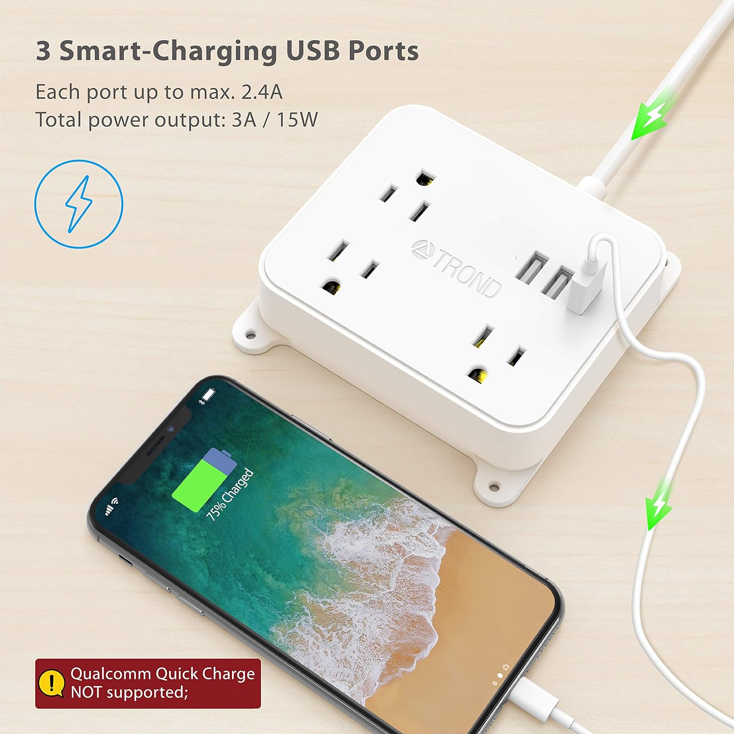 For Cruise Ship Hotel Nightstand Office Flat Plug Wall Mount 3 Widely Spaced Outlets 4 5ft Extension Cord Power Strip With Usb Trond Multi Plug Outlet Splitter With 3 Usb Ports Tools