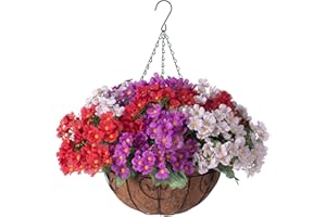 Ammyoo Artificial Flower in Hanging Basket Outdoor Indoor Decoration,Coconut Lining Flowerpot with Faux Plant,Daisy with Eucalyptus Leaves Arrangement for Home Spring Summer Decor(Red Purple White)