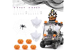 YIBOBO Halloween Golf Cart Decorations Kit, Halloween Car Decor - Fake Spider Web, String Light, Flying Ghost, Pumpkin Balloon, Large Castle Foil Balloon, Giant Spider Web and Spider for Indoor Outdoor Decor