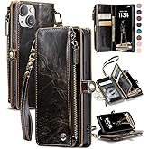 Defencase Compatible with iPhone 13 Case Wallet with RFID Blocking Card Holder for Women and Men, Fashion PU Leather Magnetic Snap Flip Zipper Strap Wallet Phone Case Fit for iPhone 13 6.1", Coffee