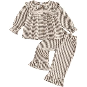 Nibbcoa Baby Girl Clothes Waffle Knit Long Sleeve Shirt Top Ruffle Pants Set Spring Fall Winter Toddler Girls Outfits 6M-4T