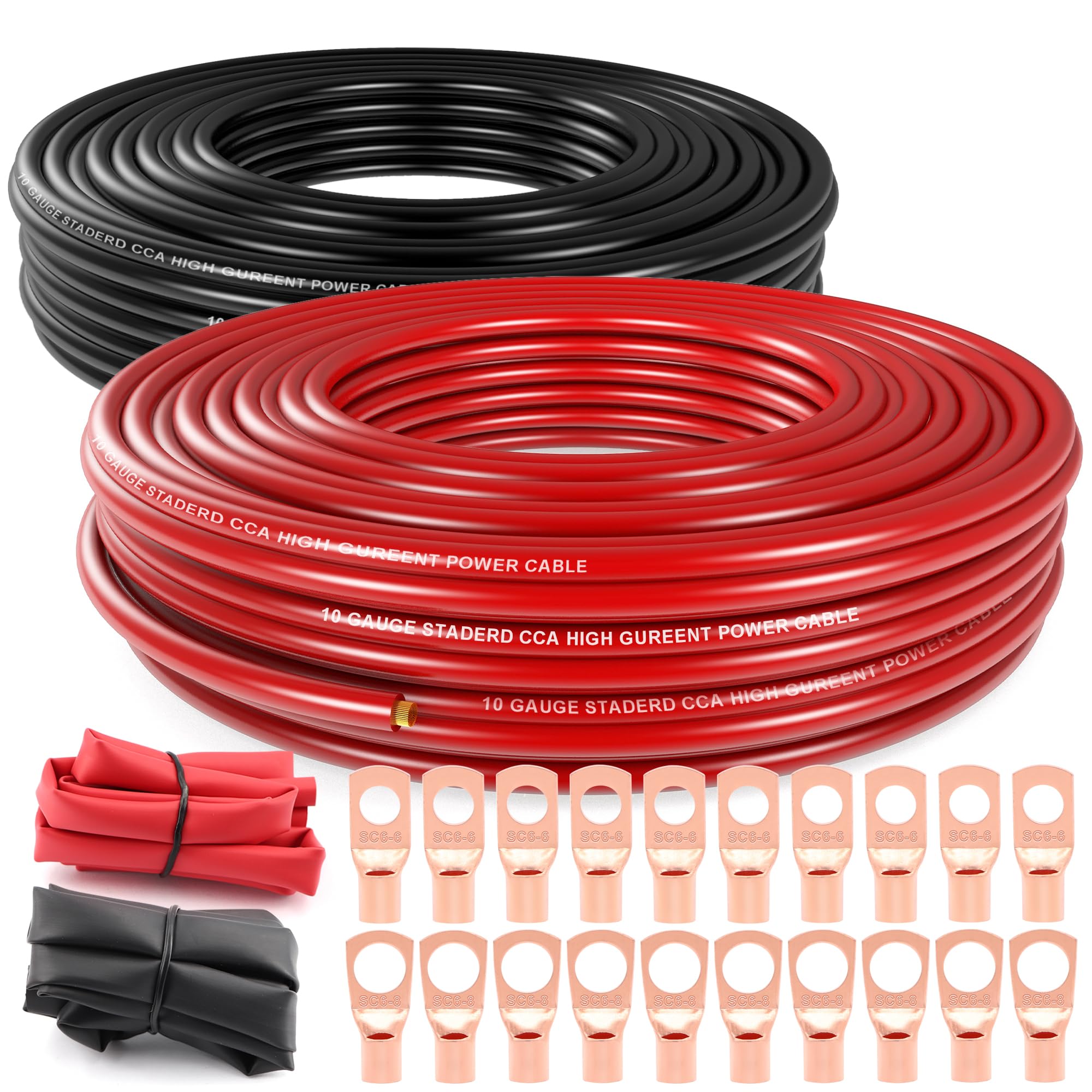 Photo 1 of 10 Gauge Wire (100ft Each - Red/Black) Copper Clad Aluminum CCA - Primary Automotive Wire,Car Amplifier Power & Ground Cable with 20PCS Lugs Terminal Connectors and 3:1 Heat Shrink Tubing
