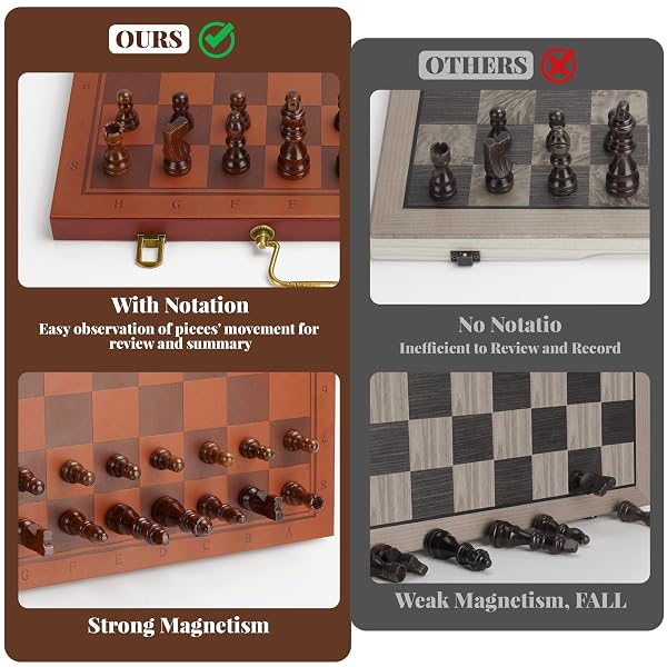 MAGNETIC CHESS SET 15.5 INCH CHESS BOARDS FOR ADULTS & KIDS, LEATHER & WOODEN FOLDING BOARD WITH HANDMADE WOOD PIECES, TRAVEL CHESS SETS GAME WITH PORTABLE HANDLE FOR BEGINNERS PROFESSIONALS